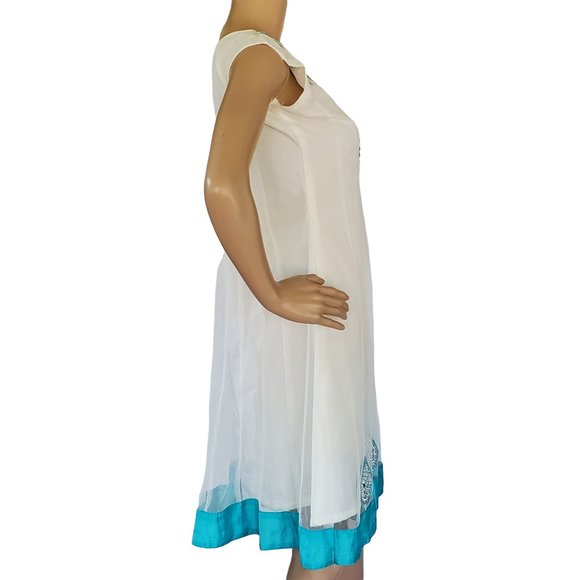 White Beaded A Line Sun Dress Women's XS Sleeveless Teal Trim Lined Netted - Picture 11 of 12